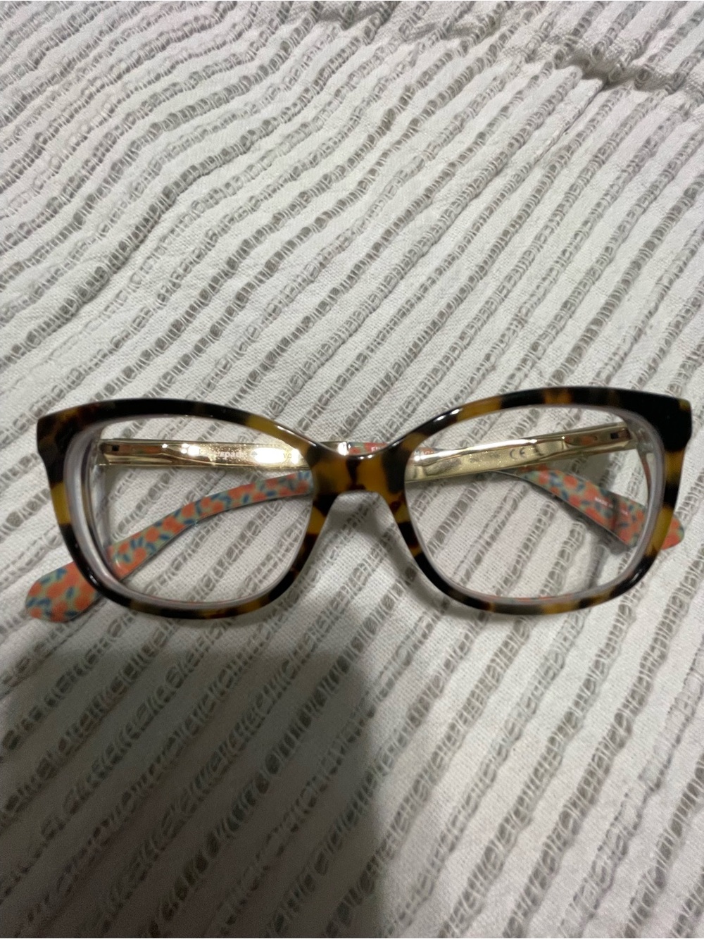 kate spade Tortoiseshell Cat-Eye Glasses with Coral & Mint Patterned Temples